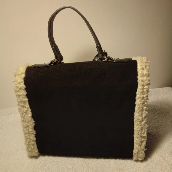 Badgley Mischka Black Satchel with Cream Shearling Trim - Picture 6 of 7
